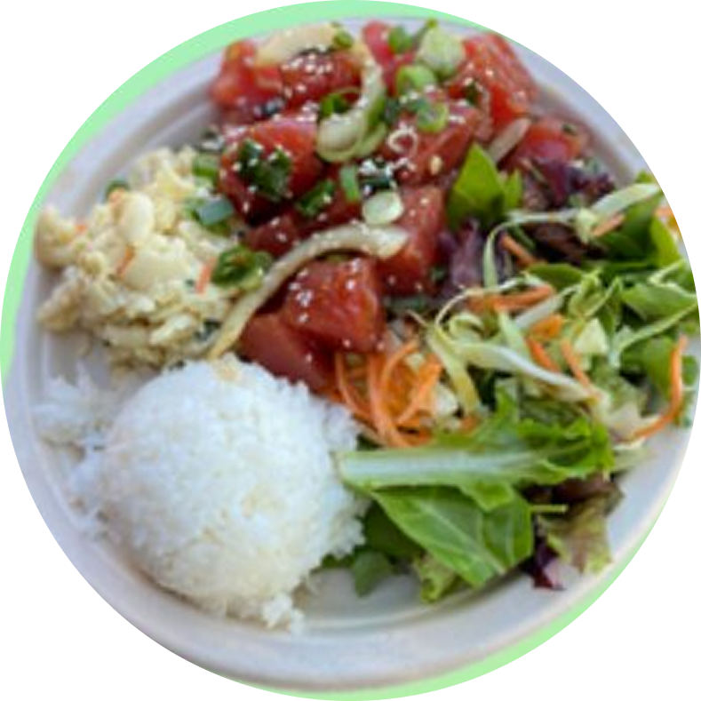 Plate of rice, salad, and poke.