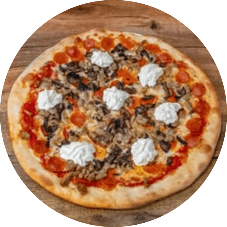 Pizza with mushrooms, pepperoni, and mozzarella dollops.
