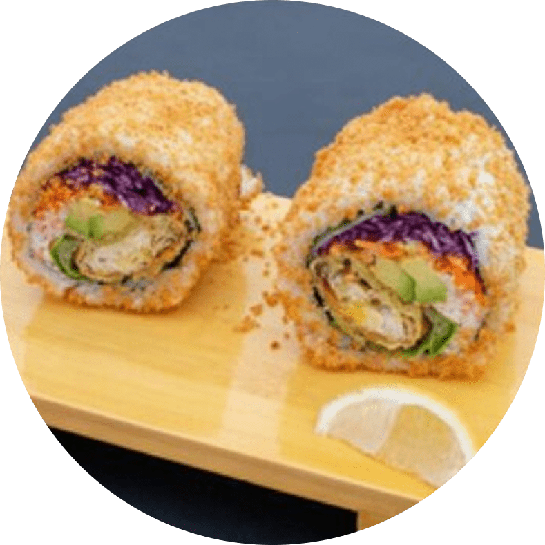 Sushi rolls on a wooden board.